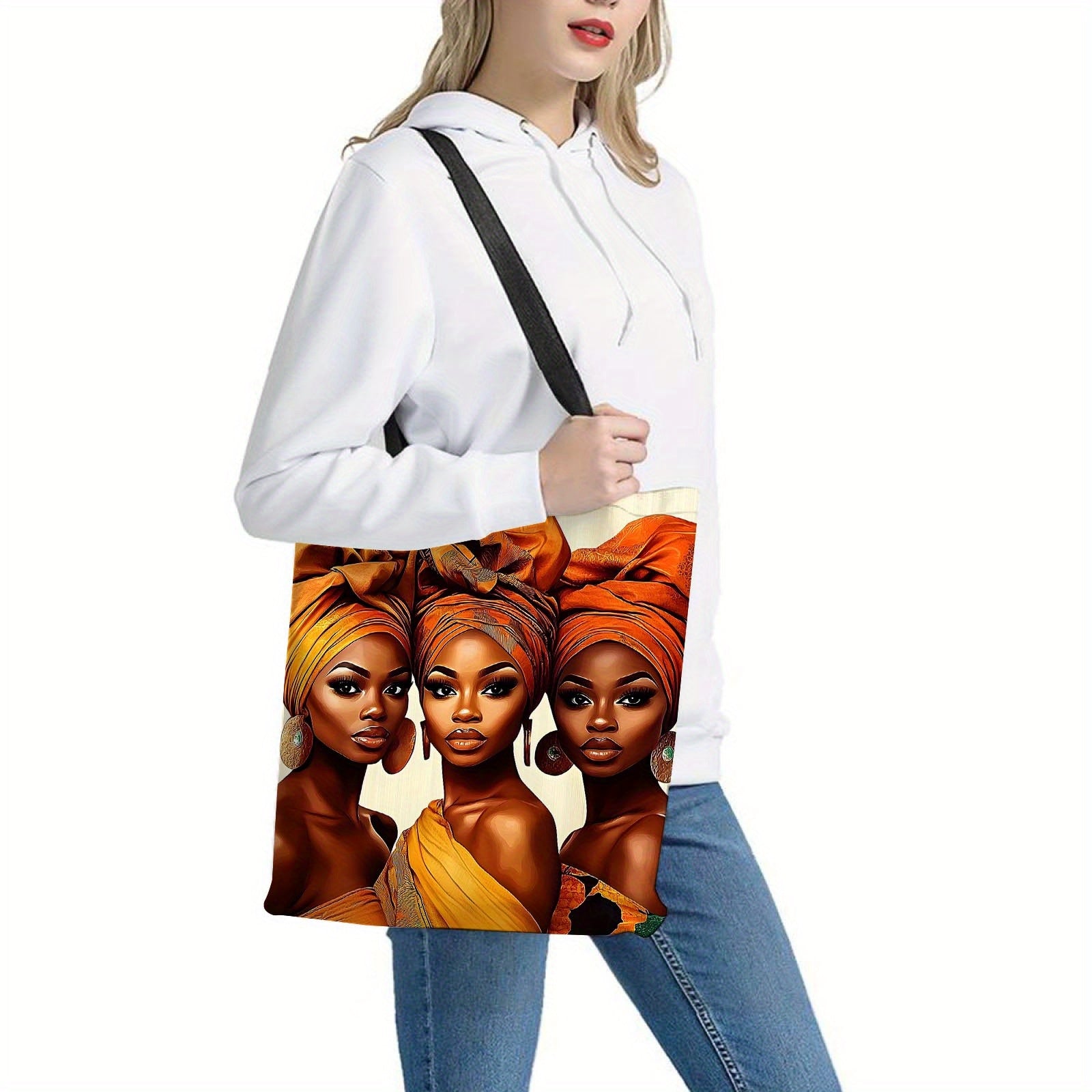 1pc African-Inspired Polyester Tote Bag, Large Capacity, Reusable Shoulder Shopping Bag with Fixed Strap, Machine Washable, Unlined, Open Closure for Daily Commute, Travel, Beach - Ideal Gift for Women and Family